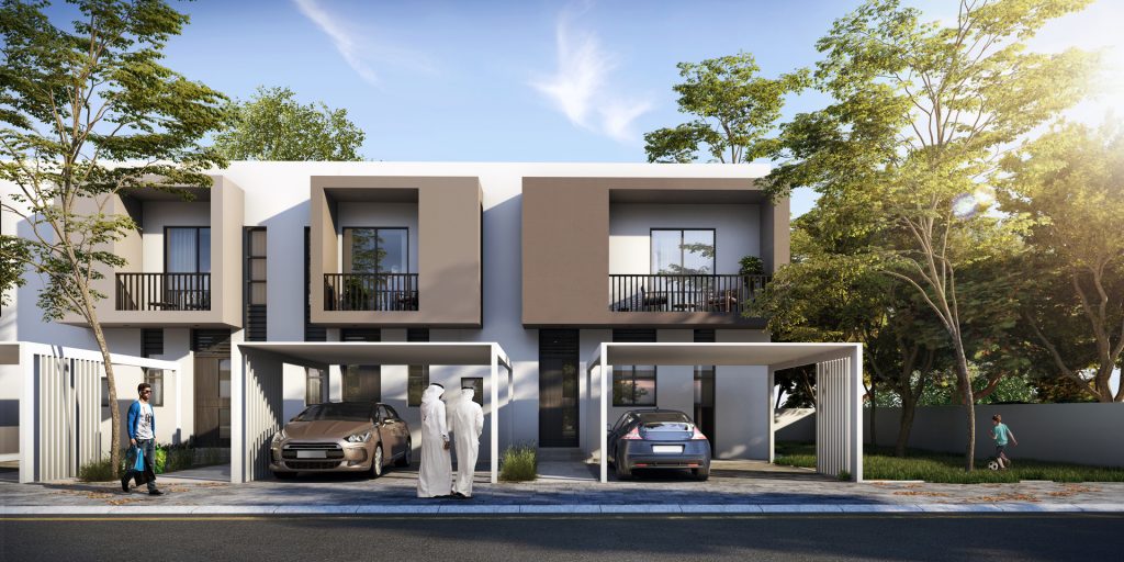 Street view of the Bareem Townhouses at Nasma Residences