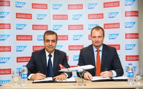 Adel Al Ali Group CEO Air Arabia Julien Bertin Managing Director SAP during signing ceremony