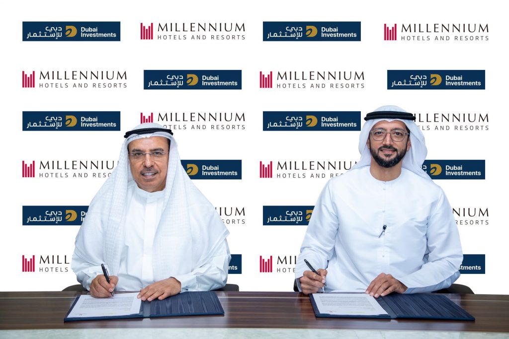 Khalid Bin Kalban Vice Chairman CEO Dubai Investments with Fahad Abdulrahim Kazim CEO of Milenium Hotels Resorts at the signing ceremony