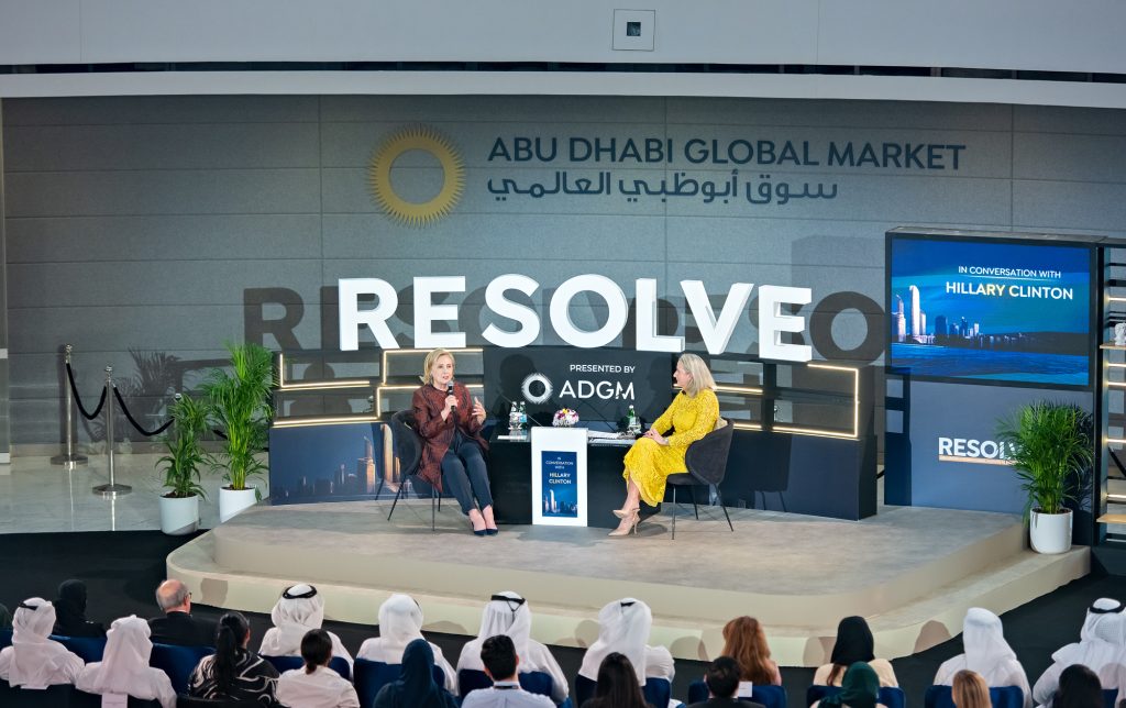 Former US Secretary of State Hillary Clinton and Registrar and Chief Executive of ADGM Courts Linda Fitz Alan in a fireside chat during RESOLVE 2023