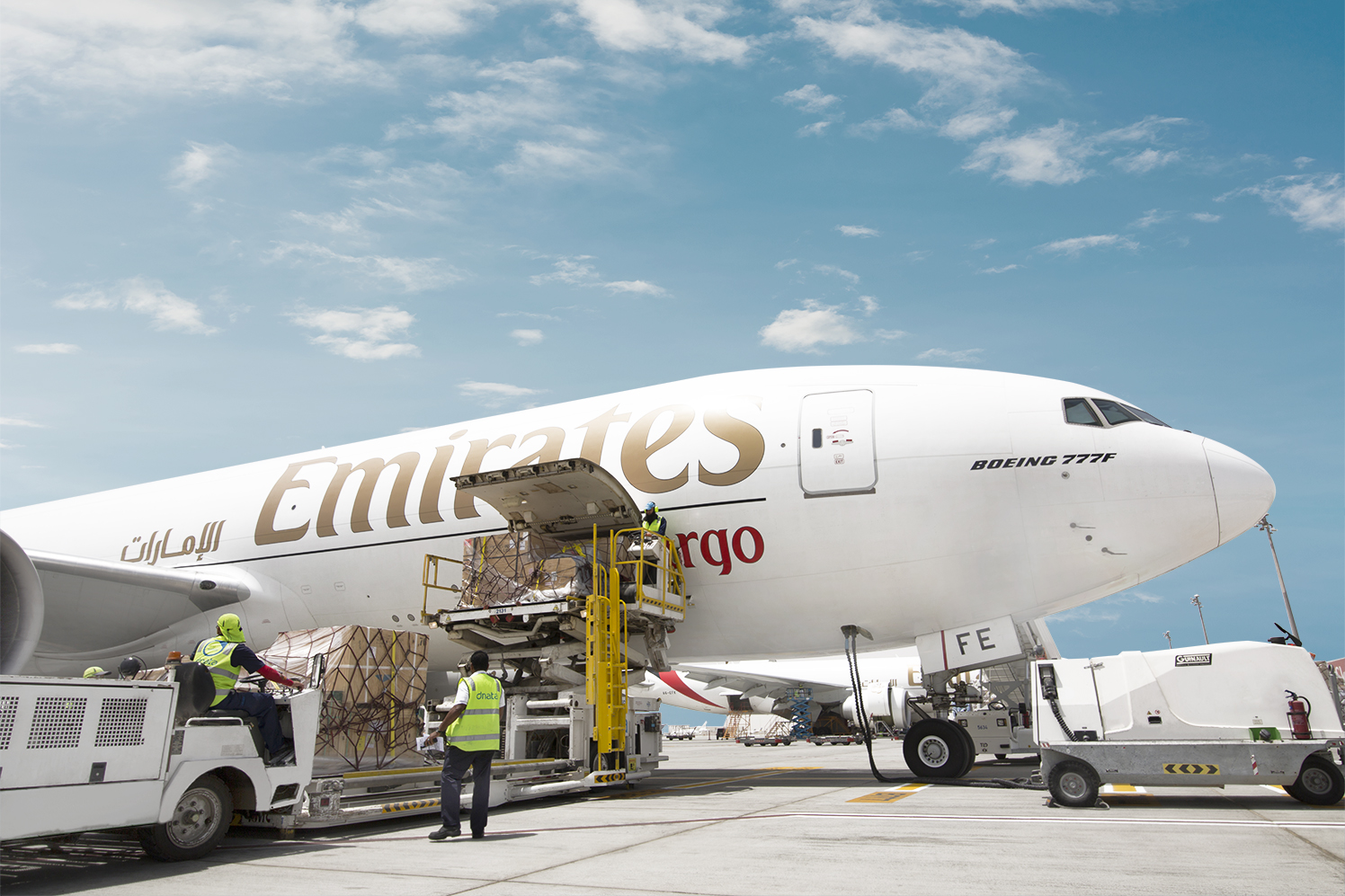 Emirates SkyCargo Boeing 777 freighter aircraft being loaded