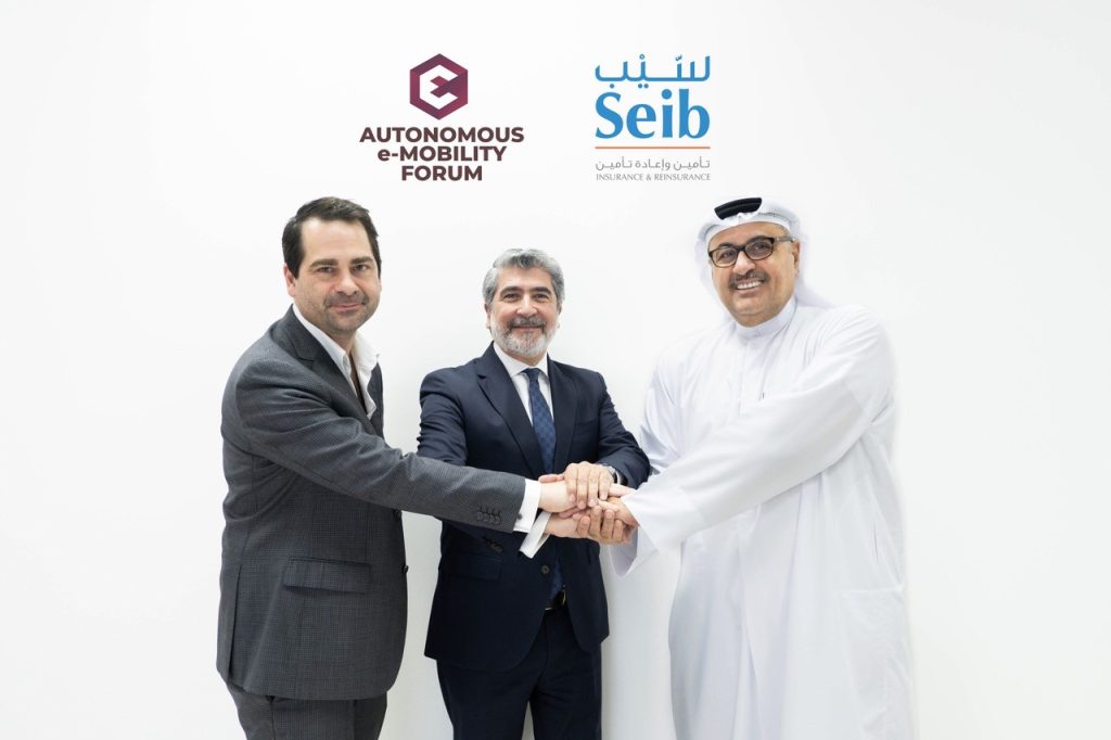 Left Markus Hofmiester General Manager of Just us and Otto Middle Elias Chedid COO and Deputy CEO of Seib Insurance Right Ahmed Al Ansari AEMOB Executive Comitte Member