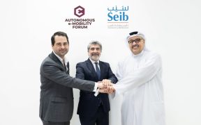 Left Markus Hofmiester General Manager of Just us and Otto Middle Elias Chedid COO and Deputy CEO of Seib Insurance Right Ahmed Al Ansari AEMOB Executive Comitte Member